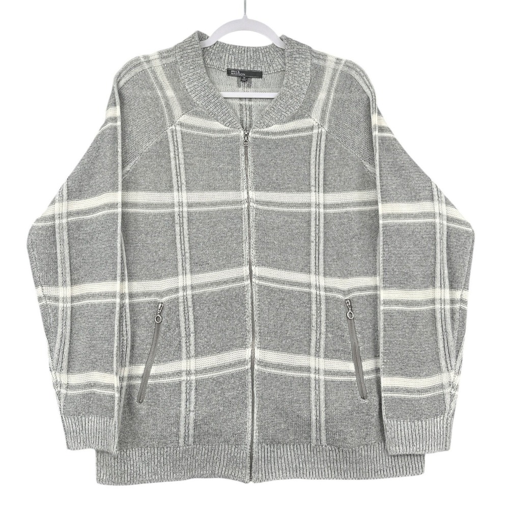 89th & Madison Zip Front Cardigan Women 1X Acrylic Polyester Gray Plaid
